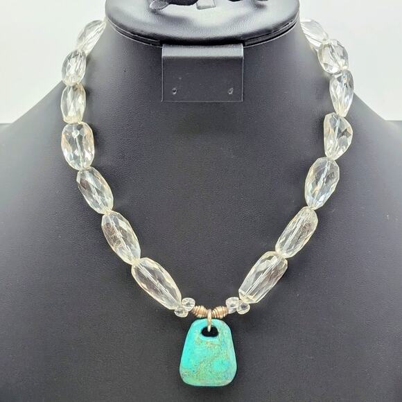 Vtg Faceted Rock Quartz Crystal 925 Sterling Silver Stone Pendant Necklace - Picture 1 of 7